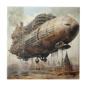Dark Academia Steampunk Airship Sepia Tile