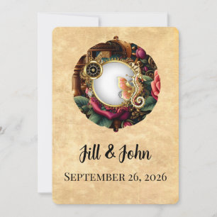 Dark Academia Steampunk Clock Wedding Invitation