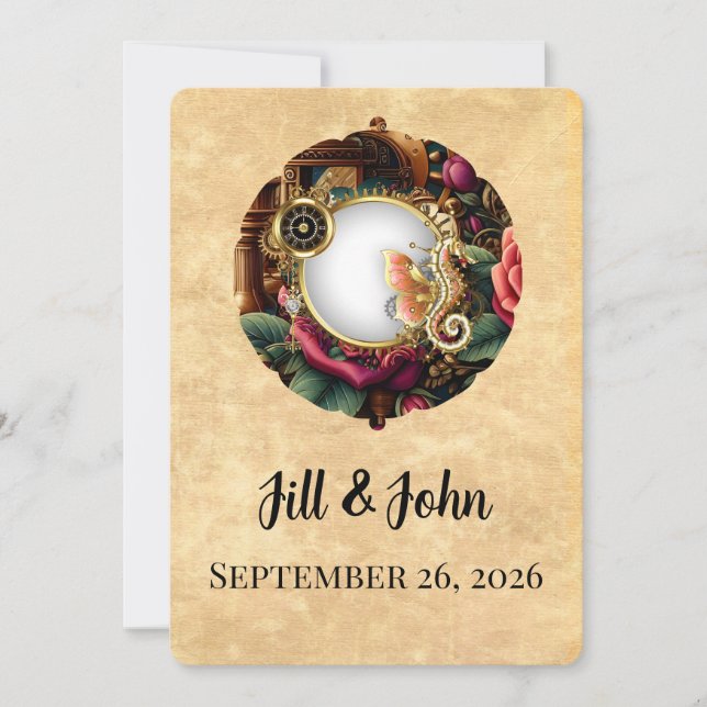 Dark Academia Steampunk Clock Wedding Invitation (Front)