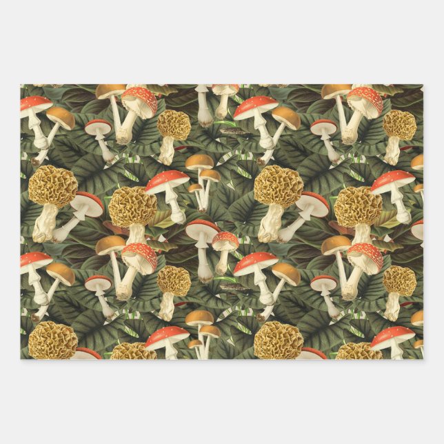 Dark Academia Victorian Goth Glam Mushroom & Leaf Wrapping Paper Sheet (Front)
