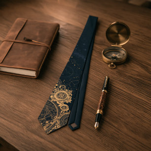 Dark Academia Vintage Celestial Star Midnight Blue Tie