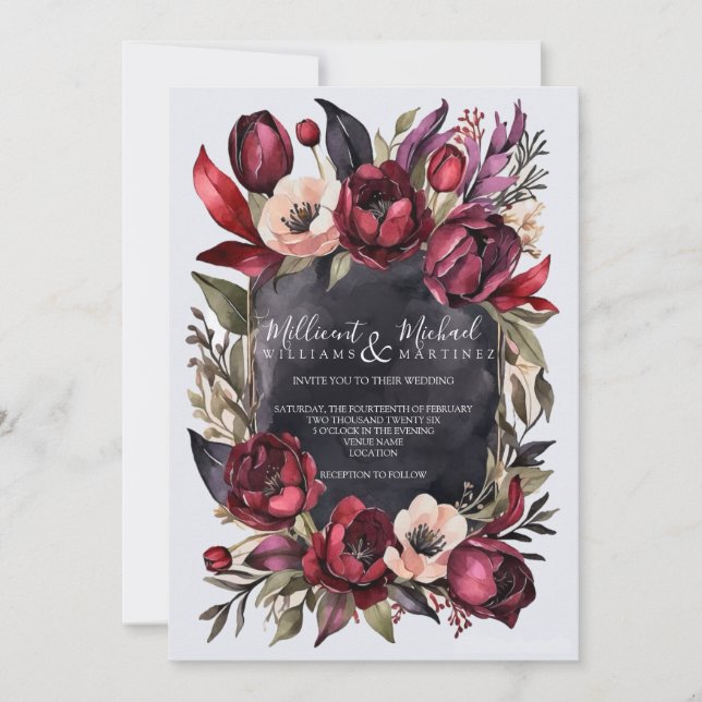 Dark Aesthetic Floral - Red & Black Wedding Invitation (Front)