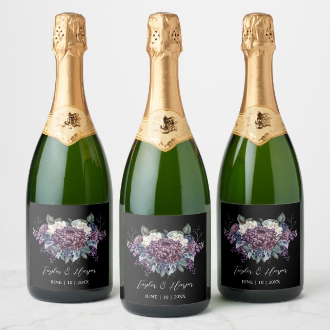 Dark Aesthetic Goth Wedding Bouquet Sparkling Wine Label (Bottles)