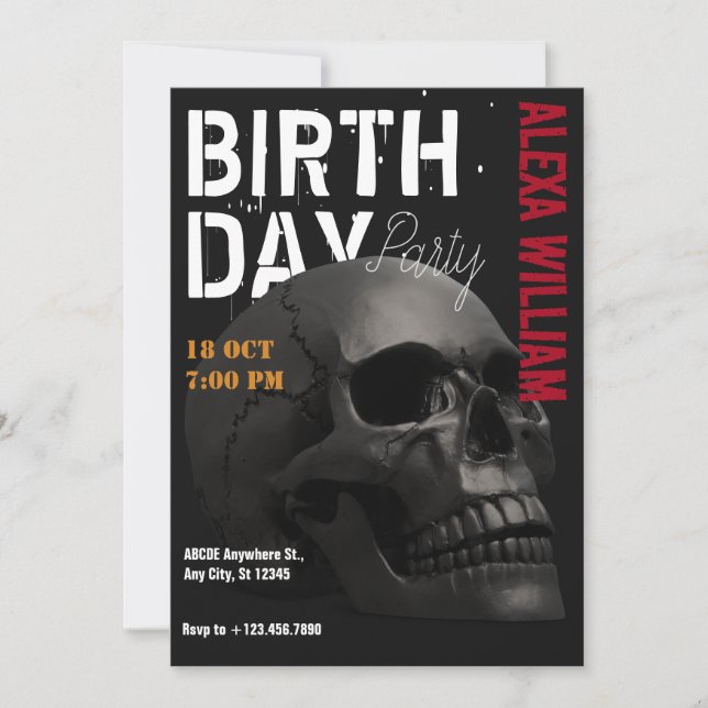 Dark aesthetic skull head birthday invitation (Front)