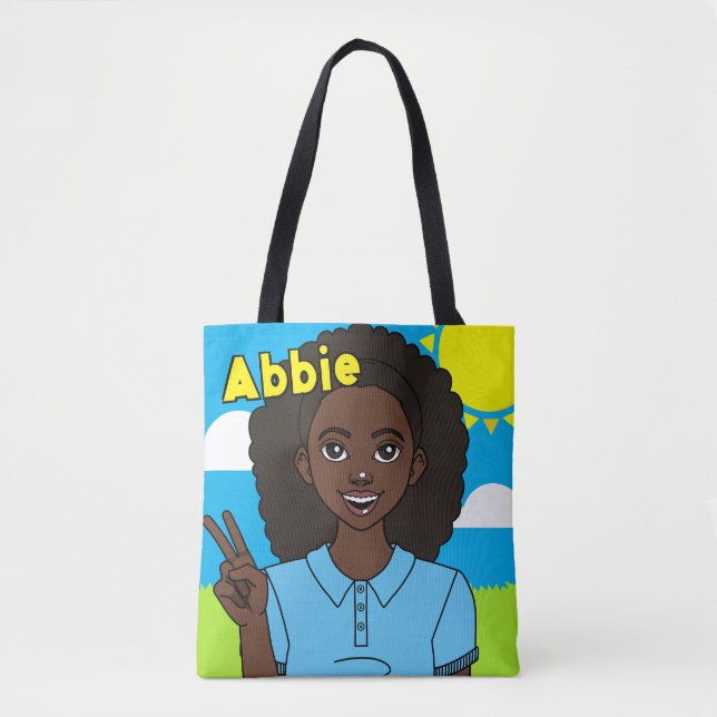 Dark Afro Cartoon Girl School Name Library Tote Bag (Front)
