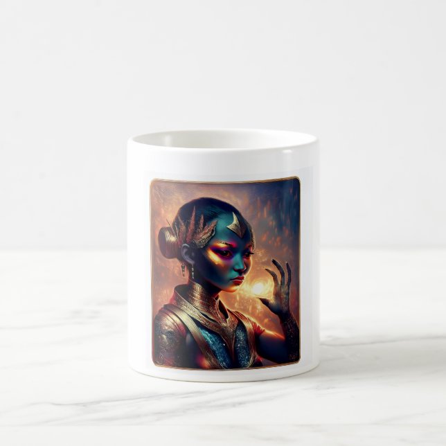 Dark Alien Princess Poses With Fiery Background Coffee Mug (Center)