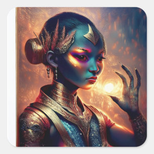 Dark Alien Princess Poses With Fiery Background Square Sticker