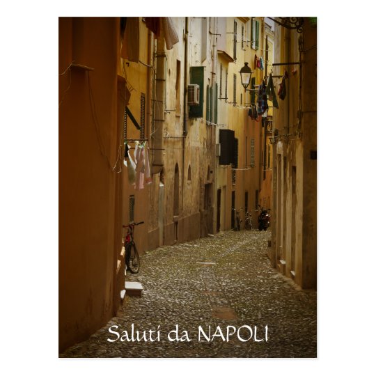 Dark alley in Naples, Italy text postcard