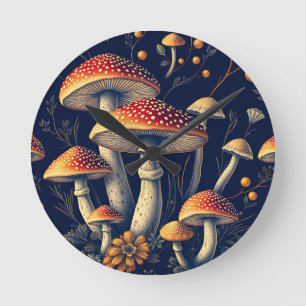 Dark Amanita Muscaria Mushroom Woodland Round Clock