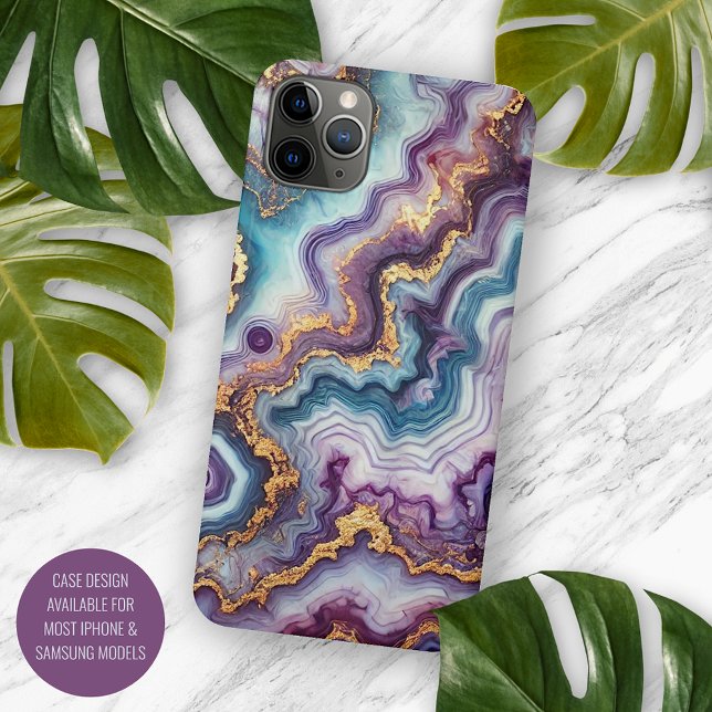 Dark Amethyst Purple Teal Blue Gold Marble Pattern iPhone Case (Creator Uploaded)