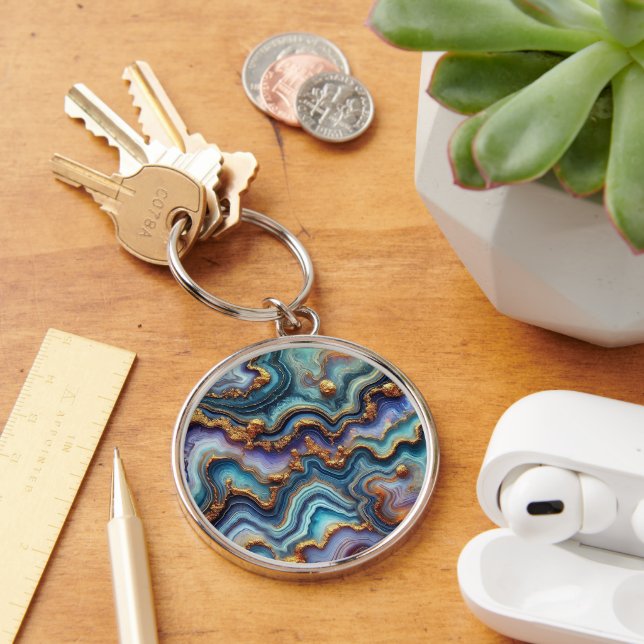 Dark Amethyst Purple Teal Blue Gold Marble Pattern Key Ring (Desk)