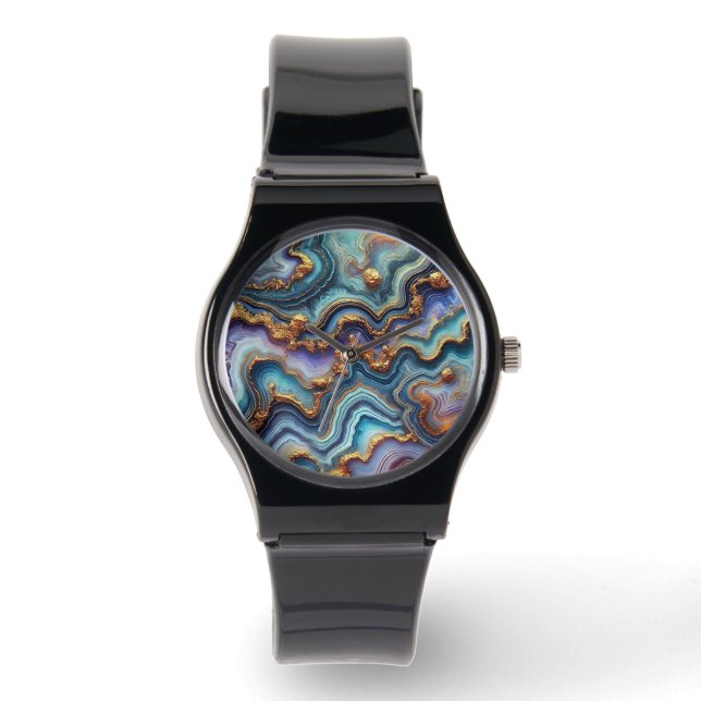 Dark Amethyst Purple Teal Blue Gold Marble Pattern Watch (Front)