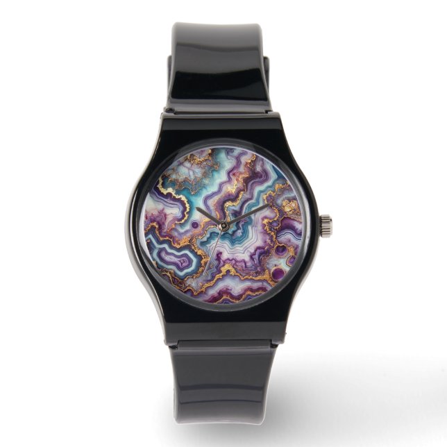 Dark Amethyst Purple Teal Blue Gold Marble Pattern Watch (Front)