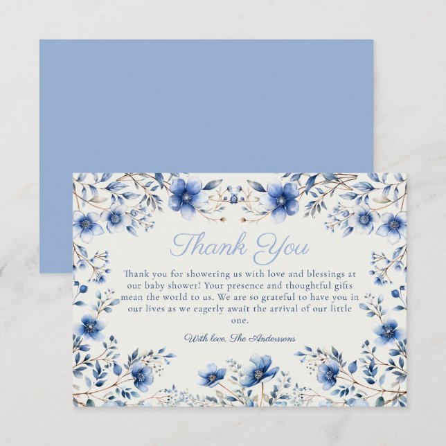 Dark and Dusty Blue Wildflowers Baby Shower Thank You Card (Front/Back)