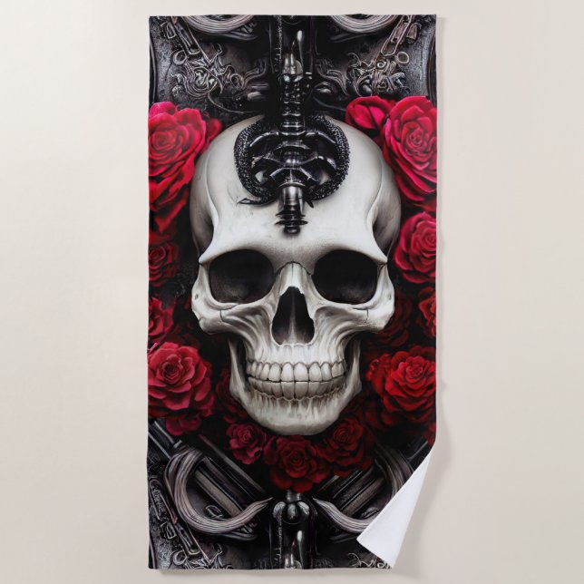 Dark and Gothic Skull and Roses Murial Beach Towel (Front)