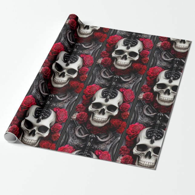 Dark and Gothic Skull and Roses Murial Wrapping Paper (Unrolled)