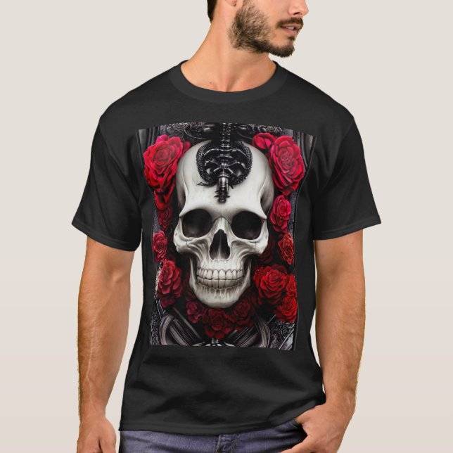 Dark and Gothic Skull and Roses T-Shirt (Front)