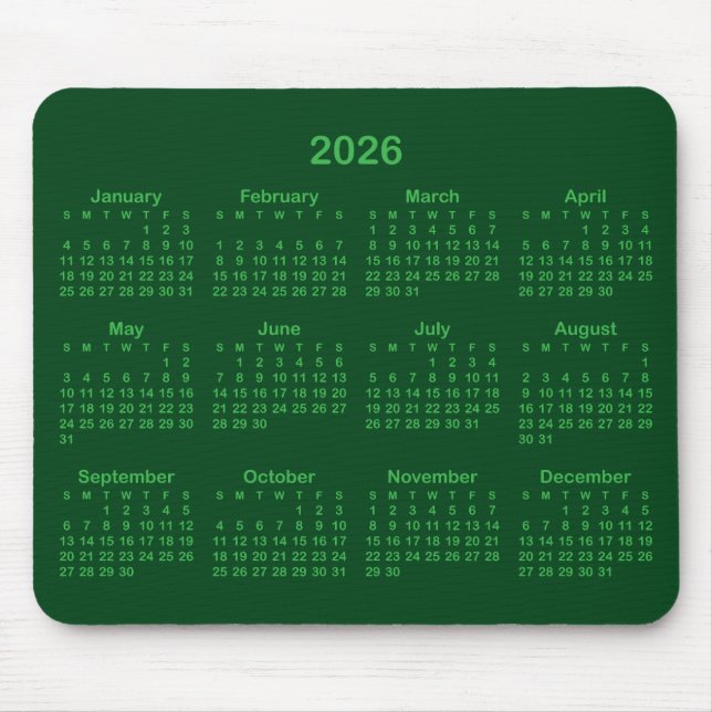 Dark and Kelly Green 2026 Calendar Mouse Mat (Front)