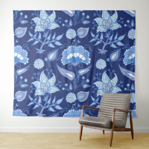 Dark and light blue Indian flowers ethnic pattern Tapestry
