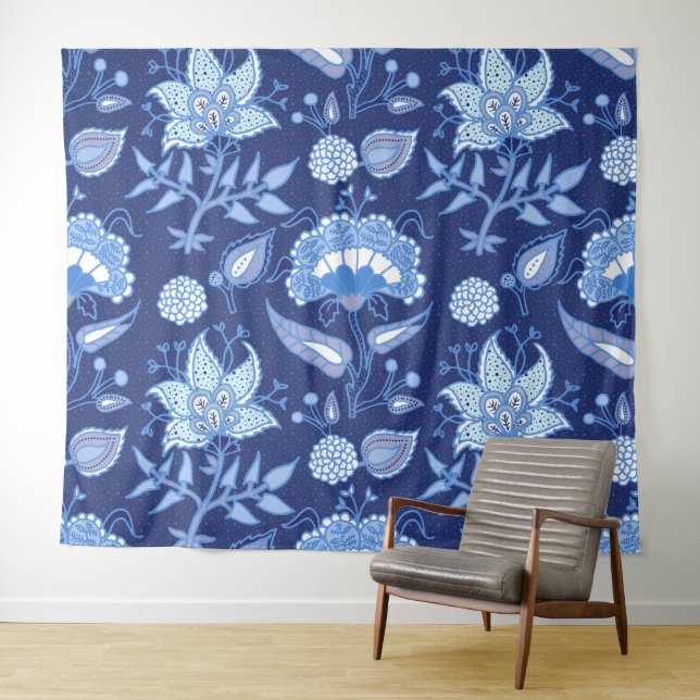 Dark and light blue Indian flowers ethnic pattern Tapestry (In Situ (Horizontal))