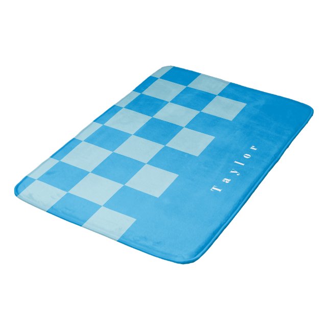 Dark and light blue square blocks pattern bath mat (Angled)