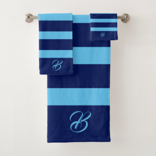 Dark and Light Blue  Stripes Monogram  Bath Towel 