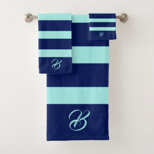 Dark and Light Gree  Stripes Monogram  Bath Towel