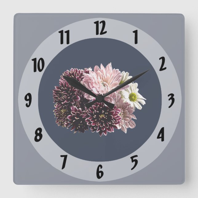 Dark and Light Mums and Daisies Square Wall Clock (Front)