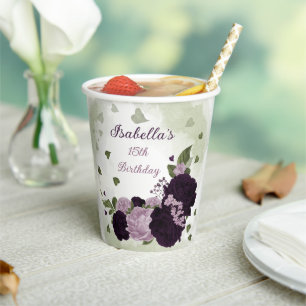 dark and light purple flowers greenery paper cups
