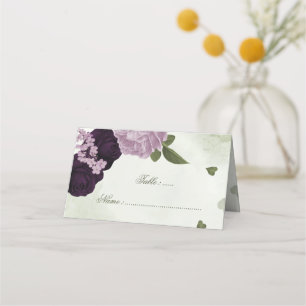 dark and light purple flowers greenery place card
