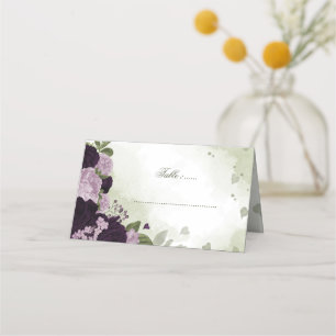 dark and light purple flowers greenery place card