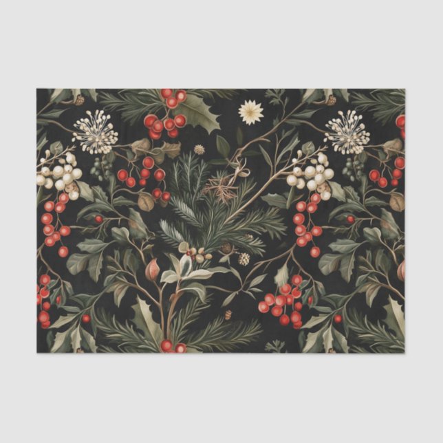 Dark and Moody Christmas Berries and Foliage Tissue Paper (Front)
