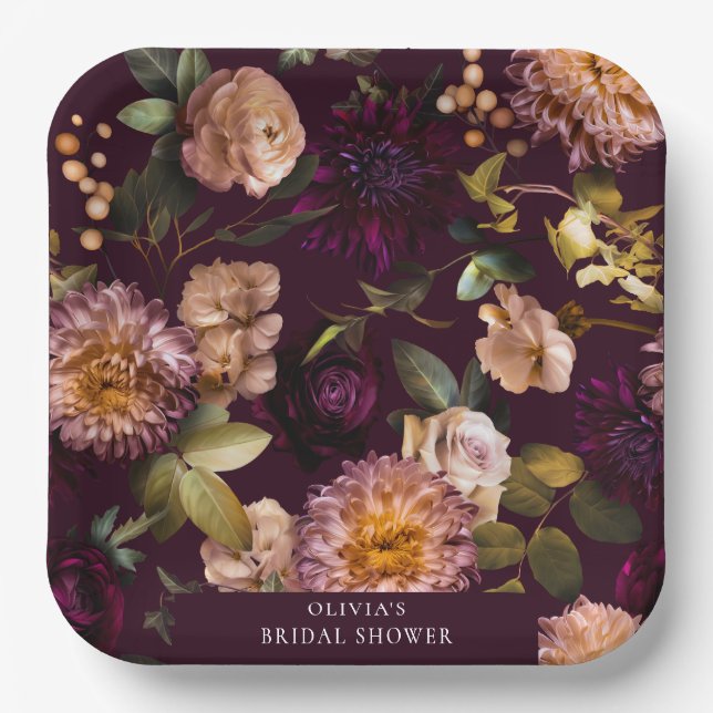 Dark and Moody Dramatic Floral Bridal Shower Luxe  Paper Plate (Front)