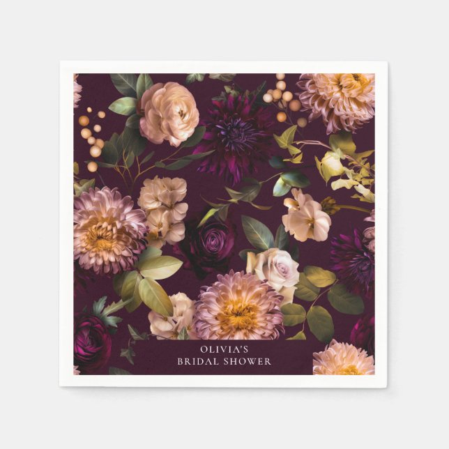 Dark and Moody Dramatic Floral Bridal Shower  Napkin (Front)