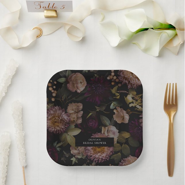 Dark and Moody Dramatic Floral Bridal Shower  Paper Plate (Creator Uploaded)