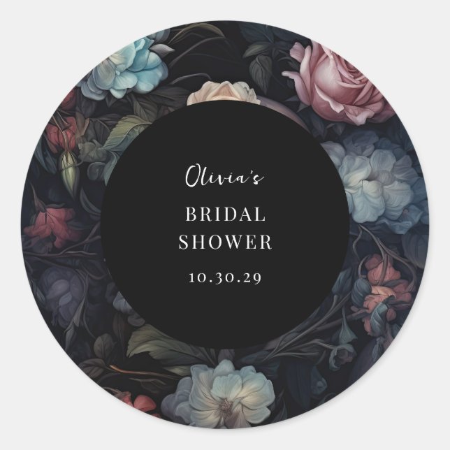 Dark and Moody Floral Gothic Bridal Shower  Classic Round Sticker (Front)