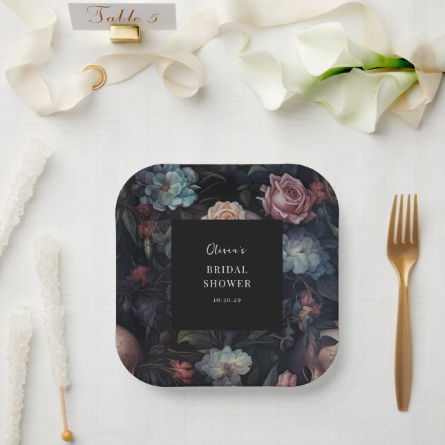 Dark and Moody Floral Gothic Bridal Shower  Paper Plate (Wedding)