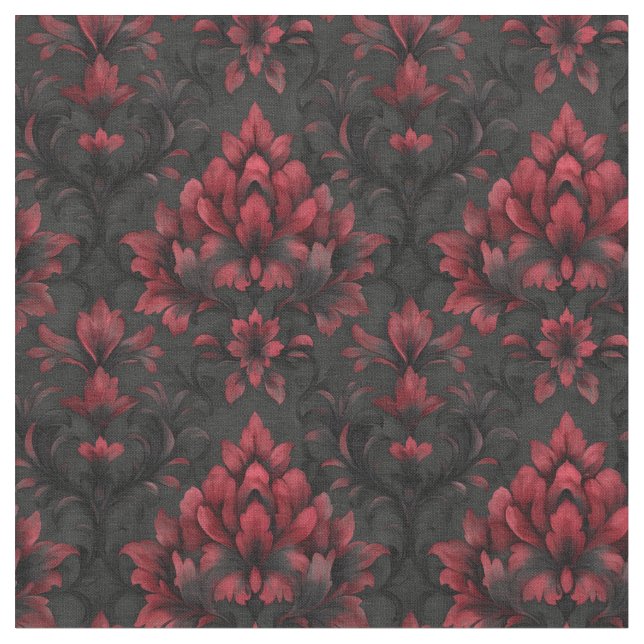Dark and Moody Red & Black Damask Fabric (Close Up)