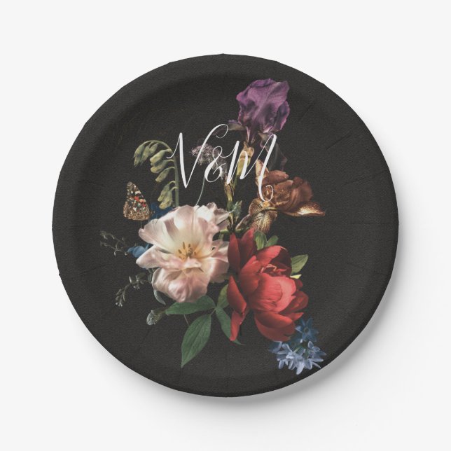 Dark and Moody Rembrandt Floral Paper Plate (Front)