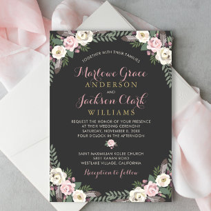 Dark and Moody Rose Pink Floral Boho Wedding Invitation