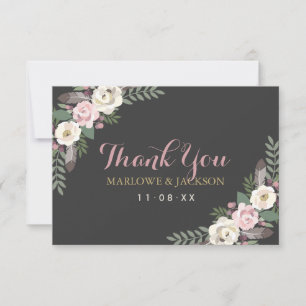 Dark and Moody Rose Pink Floral Boho Wedding Thank You Card