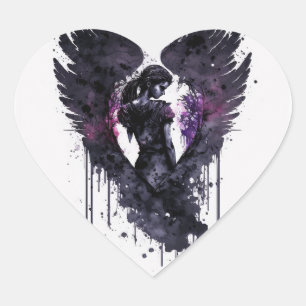 Dark Angel Valentine With Inky Dark Wings Heart Sticker