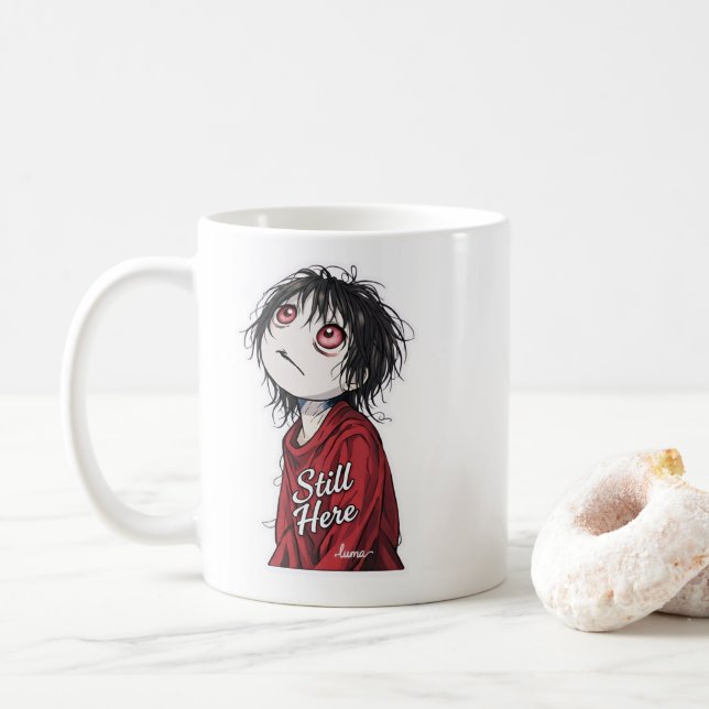 Dark Anime  "Still Here" Aesthetic Gothic Illustra Coffee Mug (With Donut)