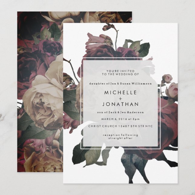 Dark Antique Vintage Roses Wedding Invitation (Front/Back)