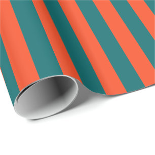 Dark Aqua Blue and Orange Coral Vertical Stripe Wrapping Paper