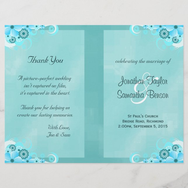 Dark Aqua Blue Floral Teal Bi-Fold Wedding Program (Front)