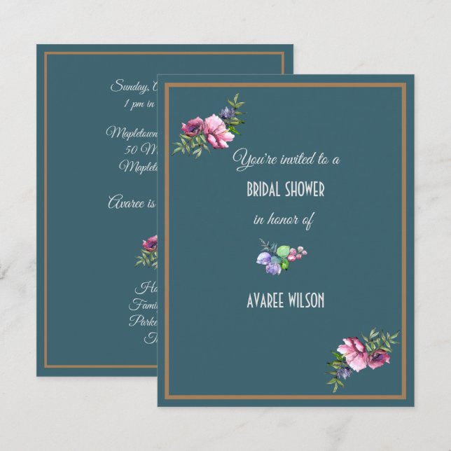 Dark Aqua Bridal Shower Florals   Invitation (Front/Back)