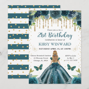 Dark Aqua Dress Blonde Haired Princess Birthday Invitation