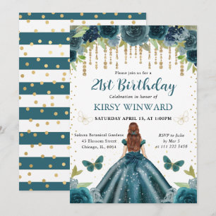 Dark Aqua Dress Red Haired Princess Birthday Invitation
