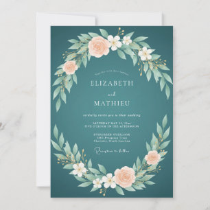 Dark Aqua Leafy Wedding Invitation